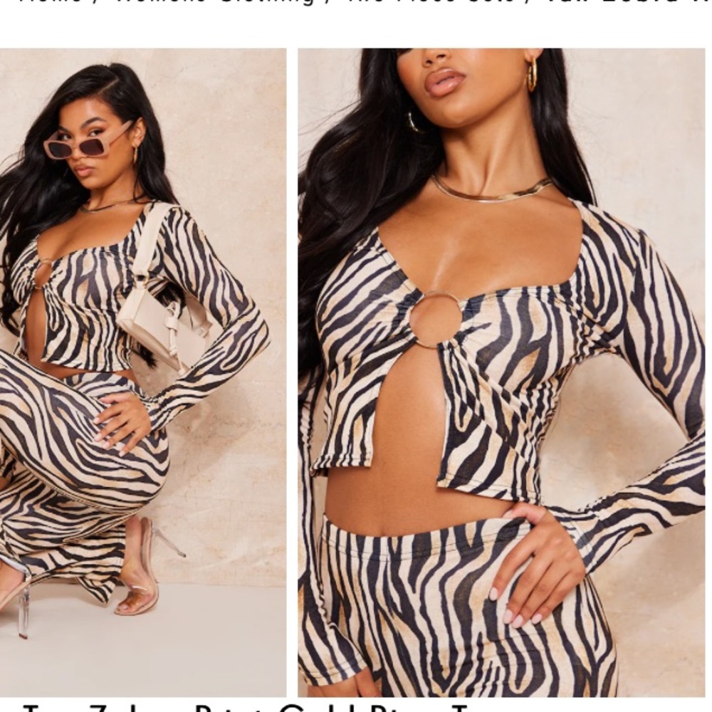 NEW ! Pretty Little Thing Tan Zebra Print Gold Ring Top